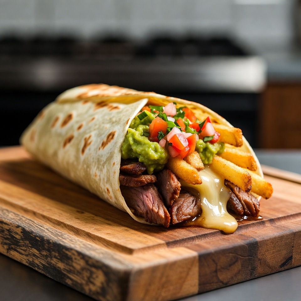 California burrito on cutting board